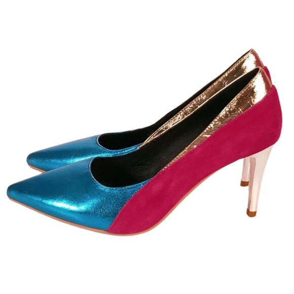 BEAUTISOLES BARDOT PINK & BLUE METALLIC STILETTO PUMP WITH GOLD ACCENT SIZE 6.5 - Picture 2 of 11